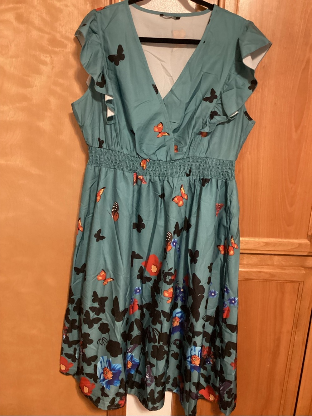 BloomChic Teal Midi Dress with Black and Orange Butterfly & Floral Print, sz 12